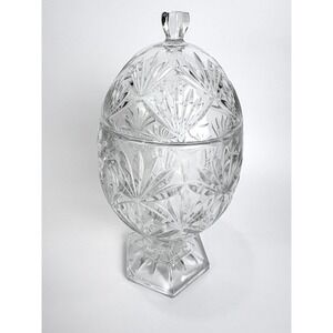 Cristal D'Arques-Durand Antique Pattern Clear Egg Shaped Candy Dish Pedestal Lid